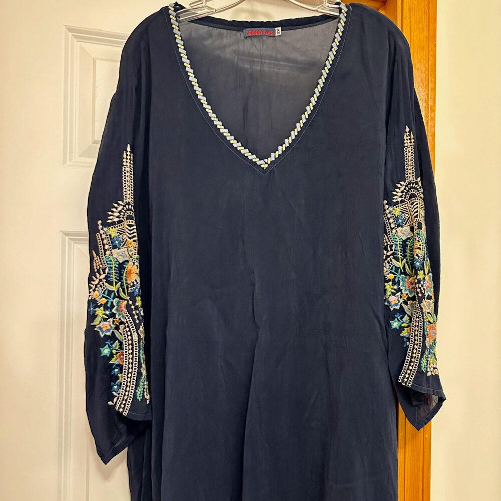 Johnny Was Navy Tunic Floral Embroidered Split Sleeves